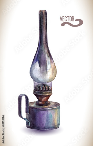 Watercolor kerosene lamp. Vintage lantern.