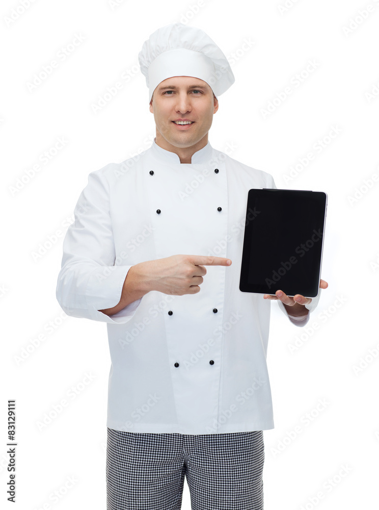happy male chef cook showing with tablet pc happy male chef cook showing with tablet pc