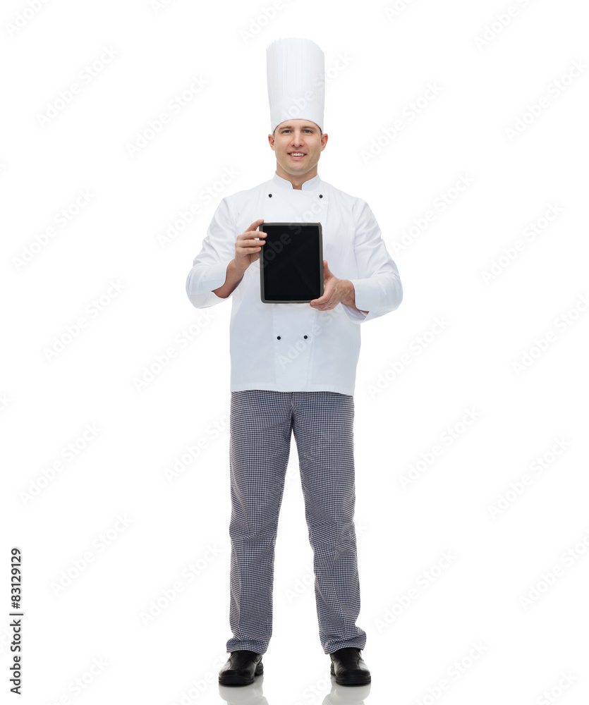 happy male chef cook showing with tablet pc happy male chef cook showing with tablet pc