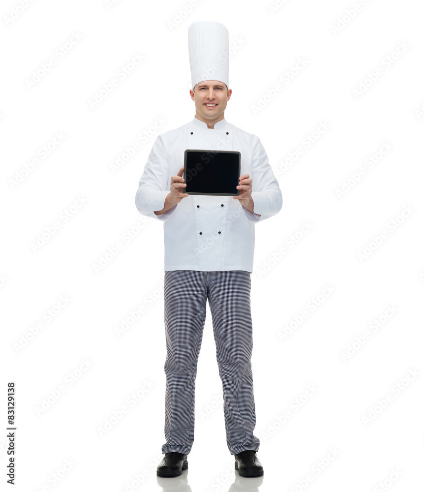 happy male chef cook showing with tablet pc happy male chef cook showing with tablet pc