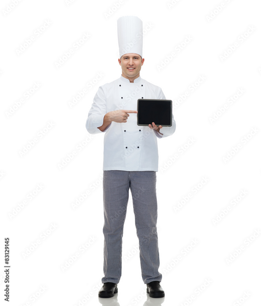 happy male chef cook showing with tablet pc happy male chef cook showing with tablet pc