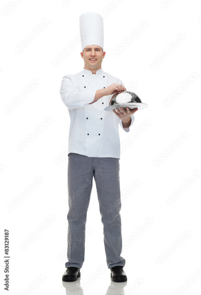 happy male chef cook holding cloche happy male chef cook holding cloche