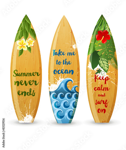 wooden surfboards with type designs