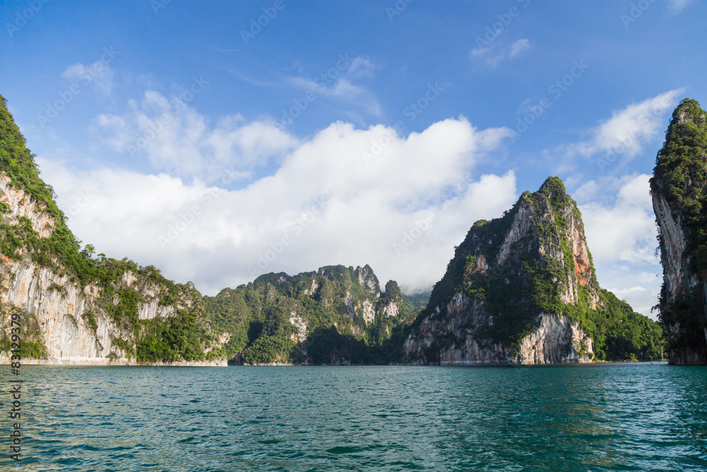 Islands in the dam with blue sky