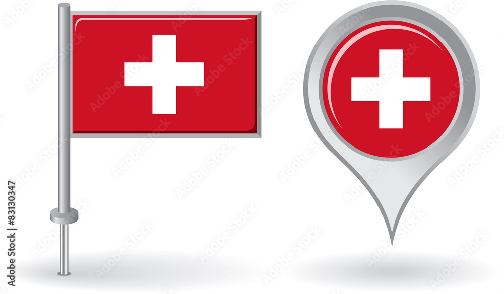 Fototapeta premium Swiss pin icon and map pointer flag. Vector