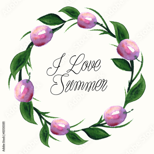 Fruit plum watercolor floral vector invitation wreath background
