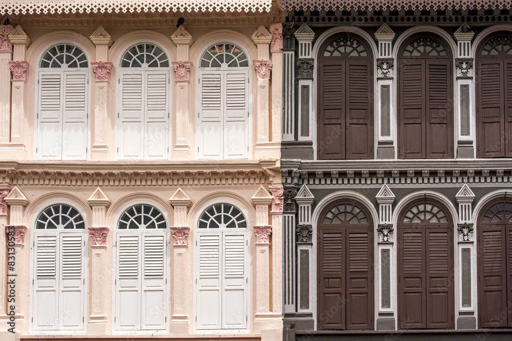 two tone building façade, pink and brown, in Singapore, Asia two tone building façade, pink and brown, in Singapore, Asia