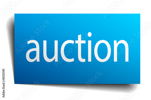 auction blue square isolated paper sign on white