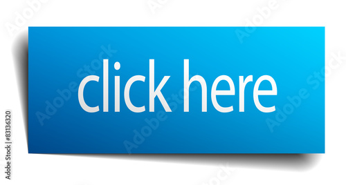 click here blue square isolated paper sign on white