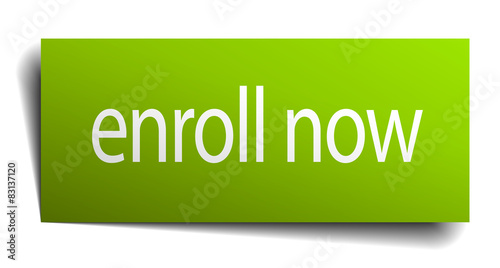 enroll now green paper sign isolated on white