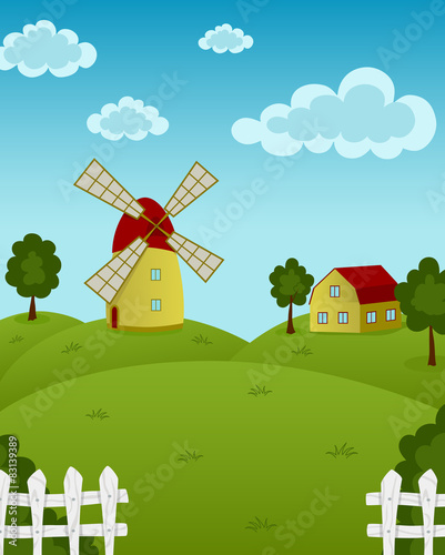 Vector illustration of farm with a windmill