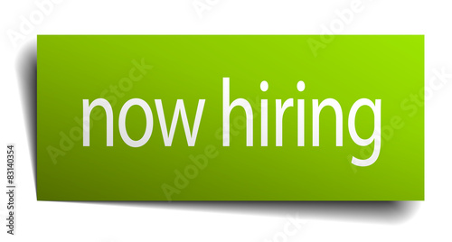 now hiring square paper sign isolated on white