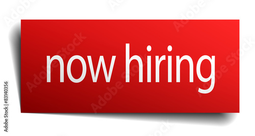 now hiring red square isolated paper sign on white