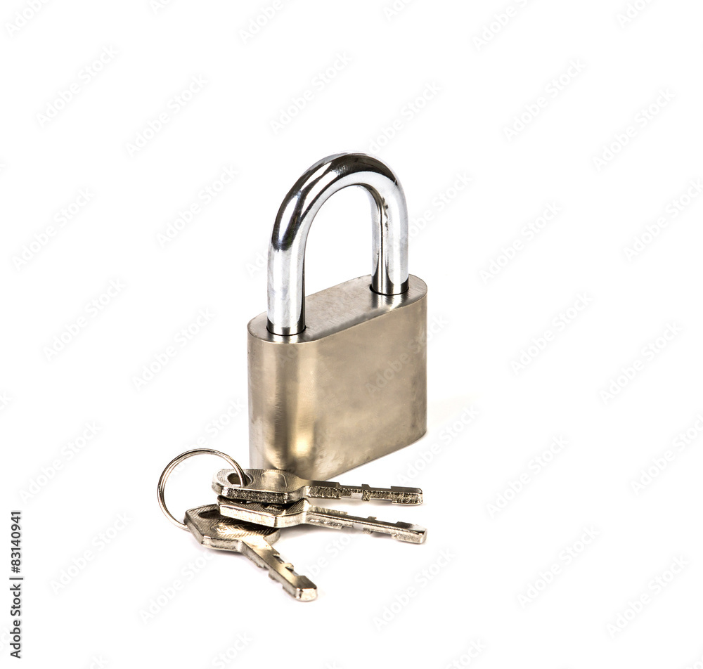 Mealic padlock with the key on white background Mealic padlock with the key on white background