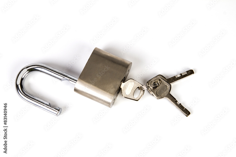 Mealic padlock with the key on white background Mealic padlock with the key on white background
