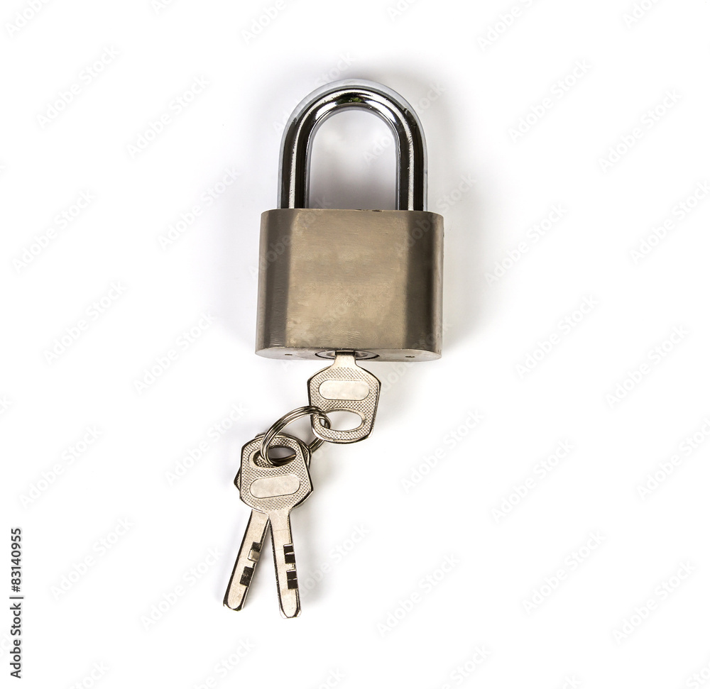 Mealic padlock with the key on white background Mealic padlock with the key on white background
