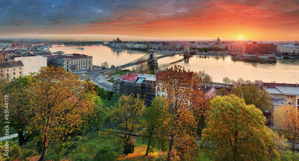 Budapest cityscape at sunrise, panorama of Hungary