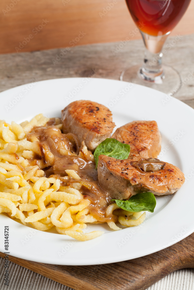 Veal in gravy with Swabian spaetzle. Veal in gravy with Swabian spaetzle.