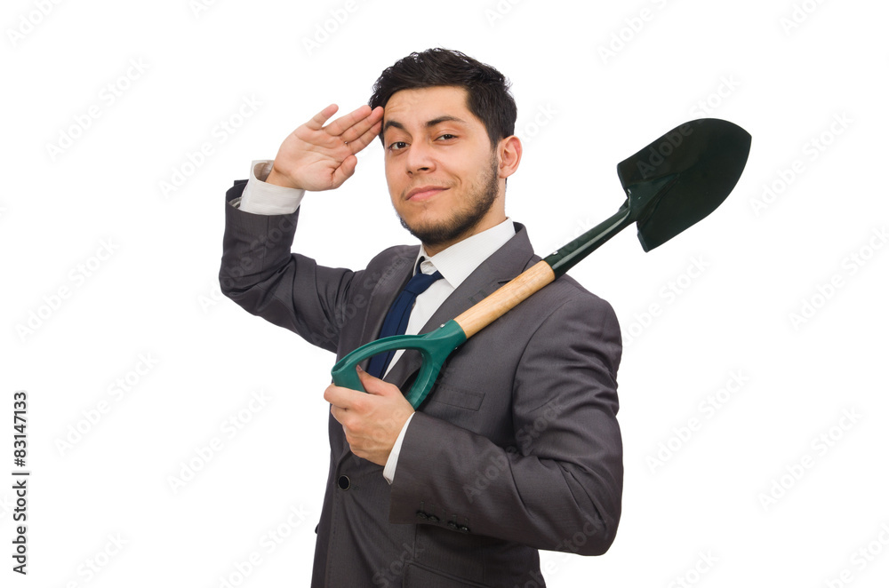 Young businessman holding a tool isolated on white Young businessman holding a tool isolated on white