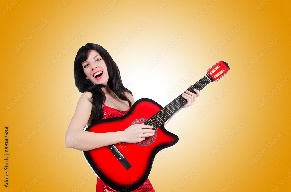 Young singer guitar on white