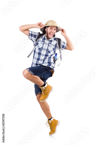 Young traveler with rucksack isolated on white photo