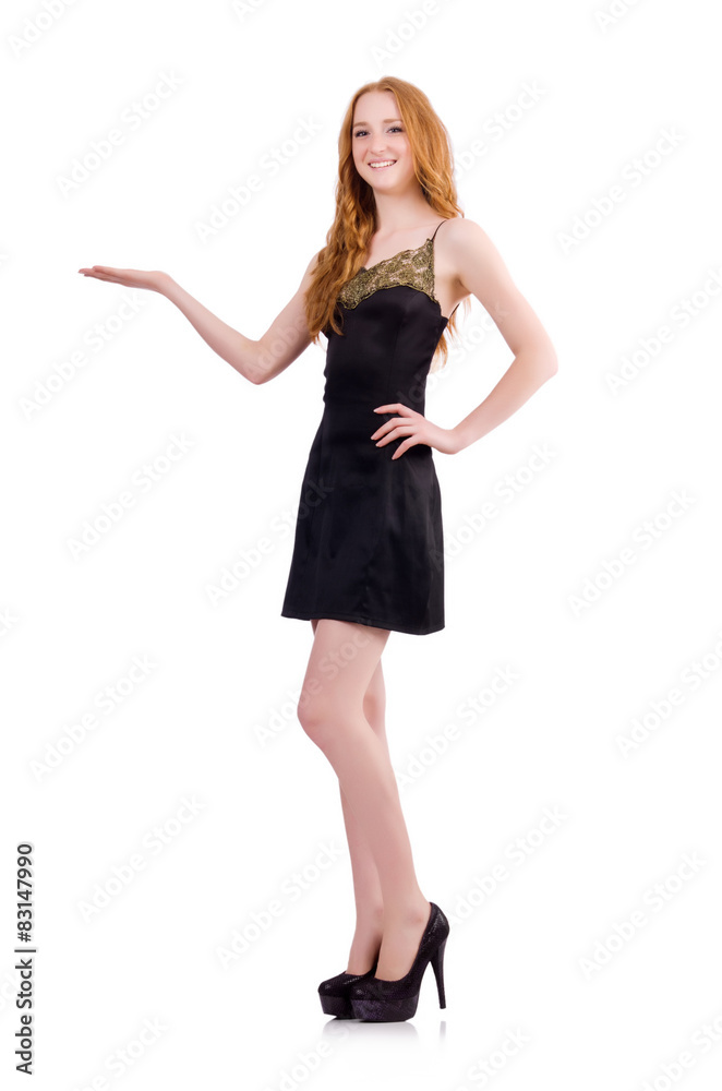 A girl in elegant black mini dress isolated on white A girl in elegant black mini dress isolated on white