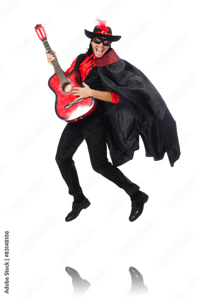 Young man in carnival coat with guitar isolated on white Young man in carnival coat with guitar isolated on white