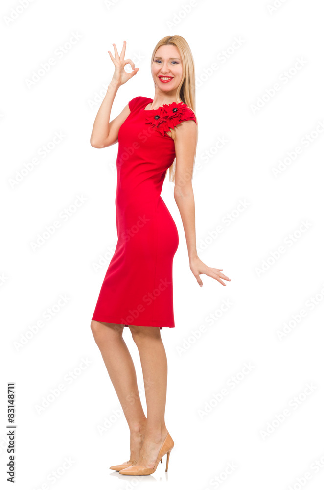Blond woman in scarlet dress isolated on white Blond woman in scarlet dress isolated on white