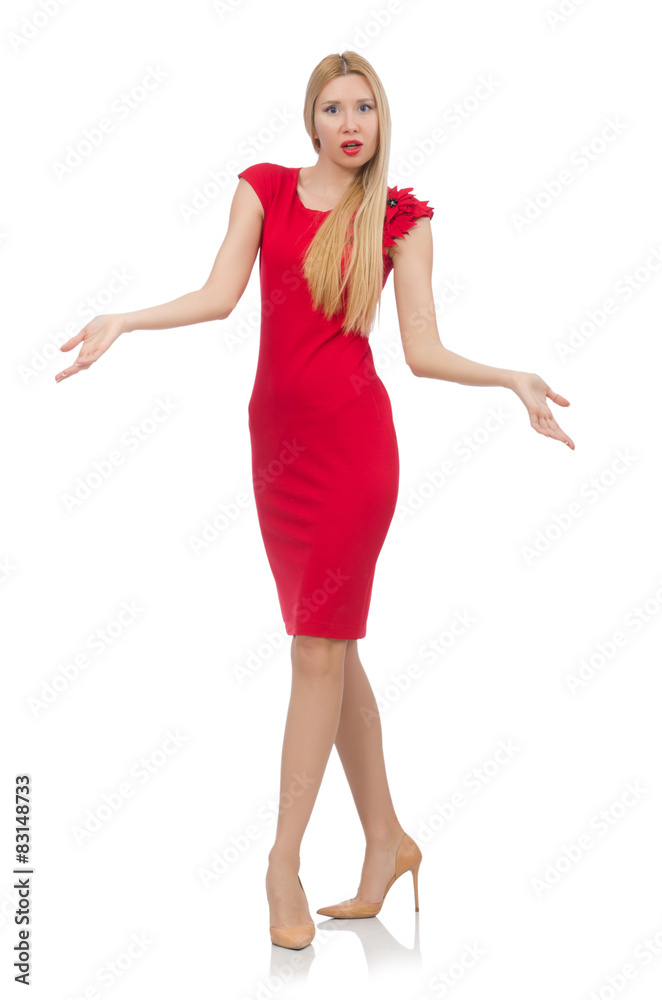 Blond woman in scarlet dress isolated on white Blond woman in scarlet dress isolated on white