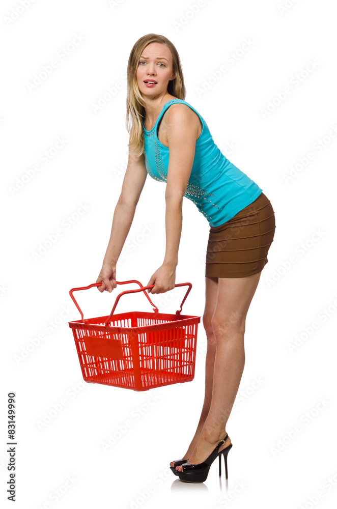 Woman with supermarkey basket isolated on white Woman with supermarkey basket isolated on white