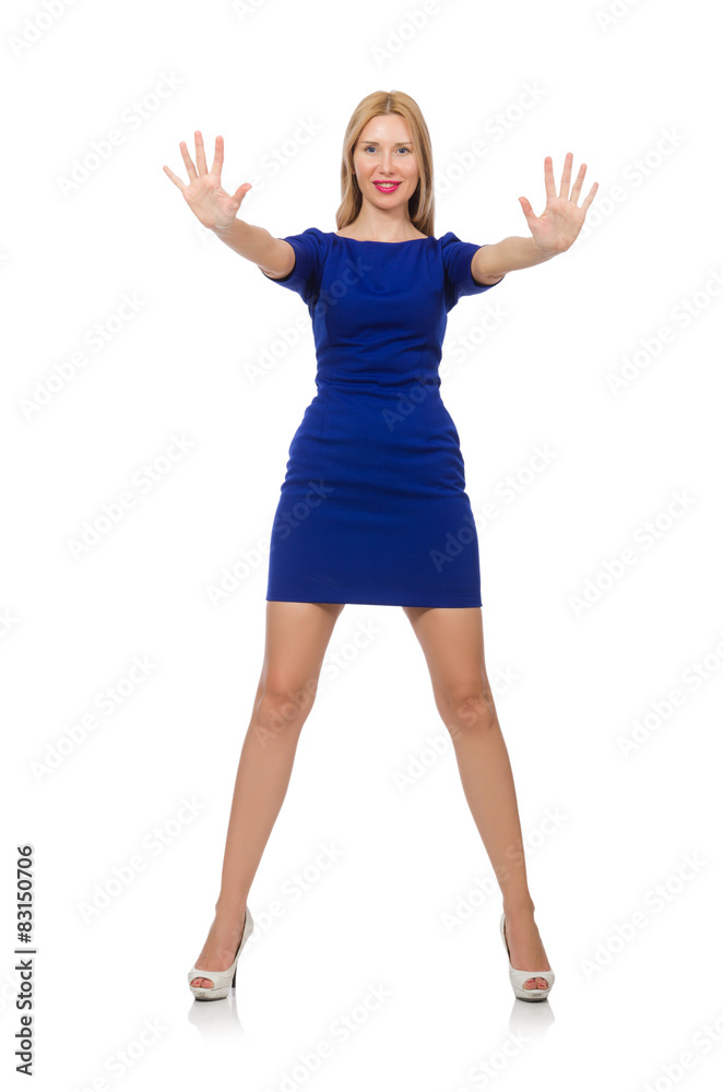 Beautiful lady in dark blue dress isolated on white Beautiful lady in dark blue dress isolated on white