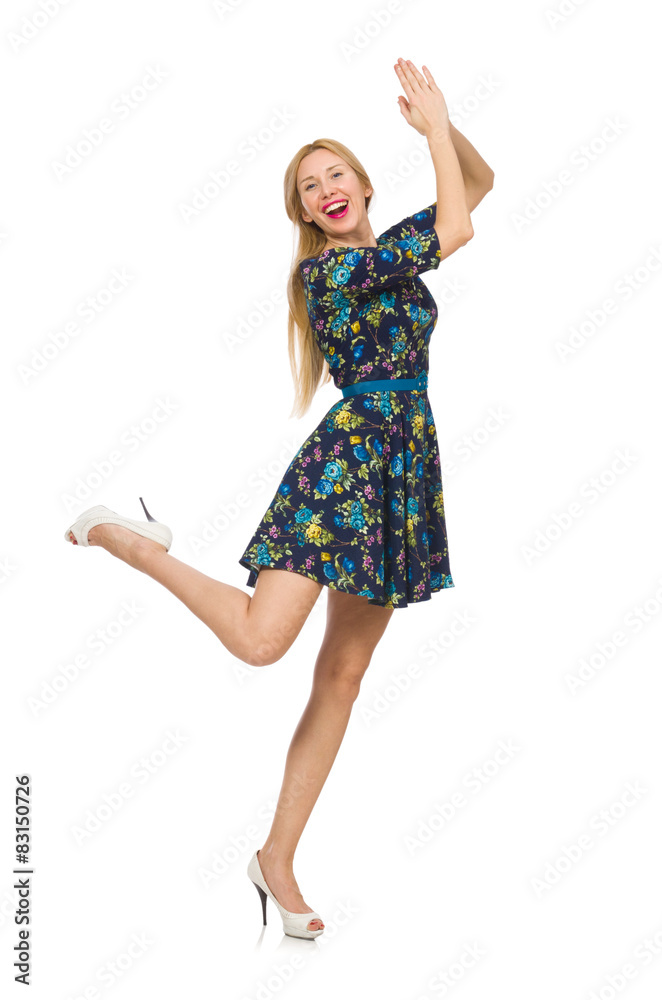 Woman in dark blue floral dress isolated on white Woman in dark blue floral dress isolated on white