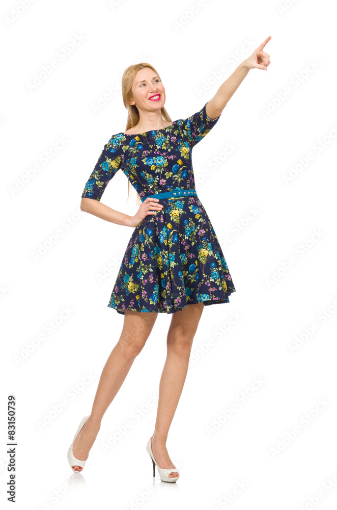 Woman in dark blue floral dress isolated on white Woman in dark blue floral dress isolated on white