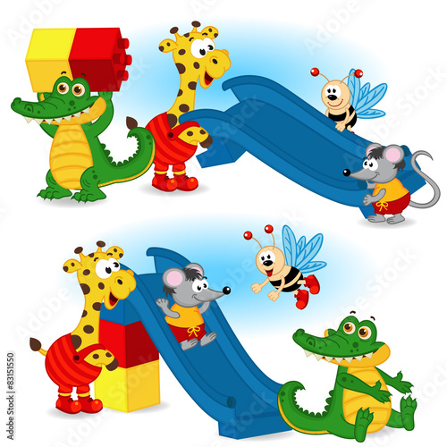 animal are building slide from plastic block