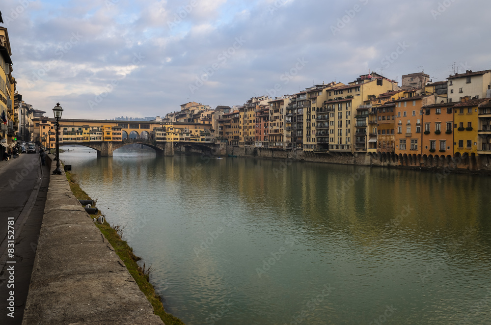 Old bridge view at sunset,Arno river Florence, Italy.