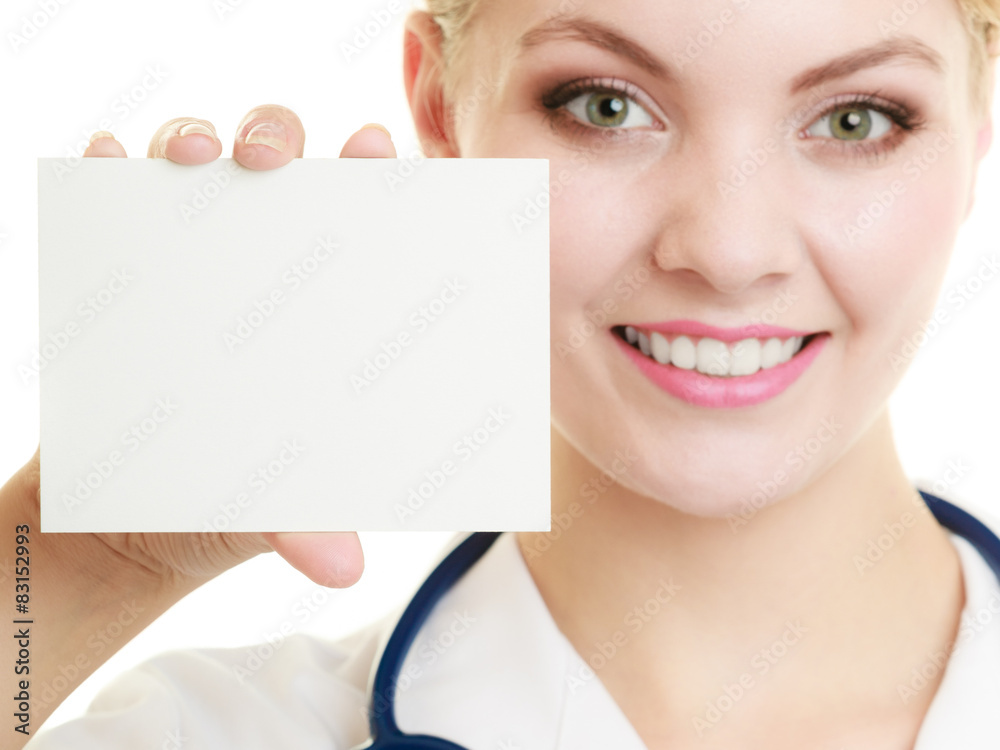 Doctor woman holding blank copy space card Doctor woman holding blank copy space card