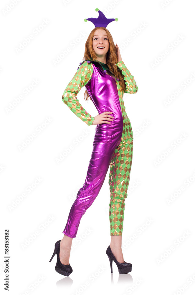 Woman wearing clown costume isolated on white Woman wearing clown costume isolated on white