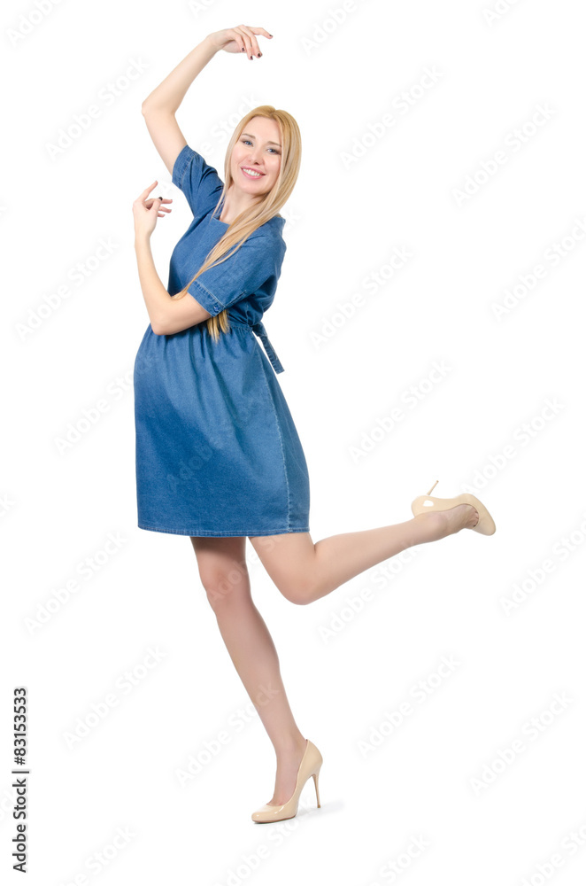 Fototapeta premium Beautiful pregnant woman in blue dress isolated on white