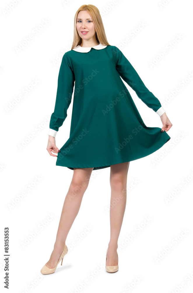 Beautiful pregnant woman in green dress isolated on white Beautiful pregnant woman in green dress isolated on white