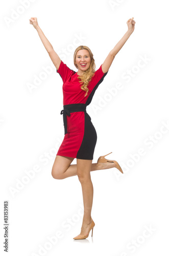 Beautiful lady in red black dress isolated on white