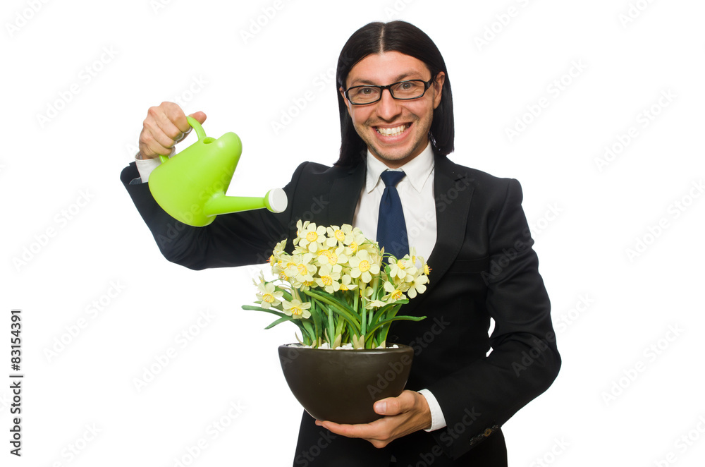Handsome businessman holding spring flowers isolated on white Handsome businessman holding spring flowers isolated on white