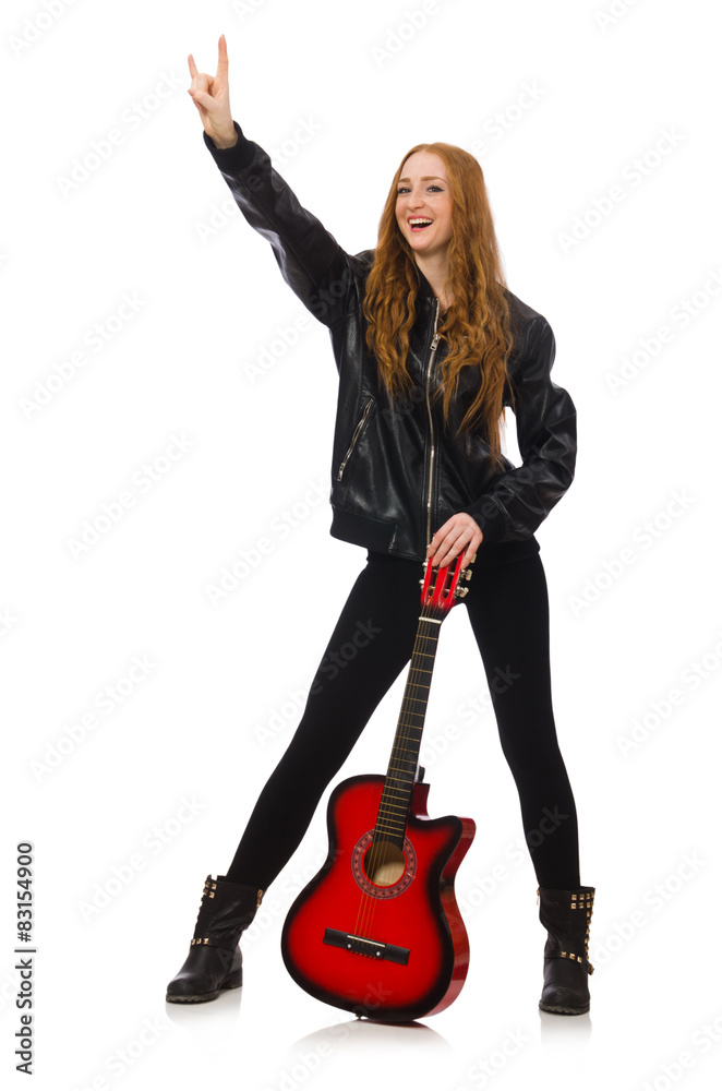 Pretty girl with guitar isolated on white Pretty girl with guitar isolated on white