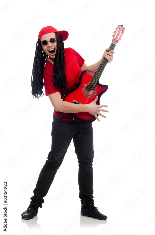 Positive boy with guitar isolated on white Positive boy with guitar isolated on white