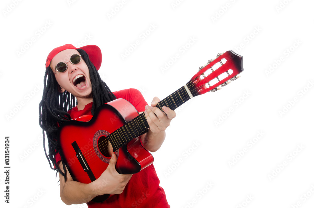 Positive boy with guitar isolated on white