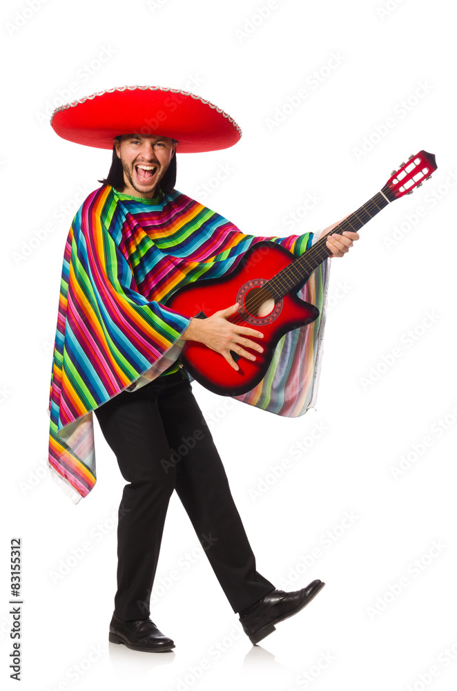 Mexican in vivid poncho holding guitar isolated on white Mexican in vivid poncho holding guitar isolated on white