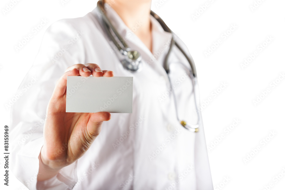 Female doctor's hand holding blank business card isolated on whi Female doctor's hand holding blank business card isolated on whi