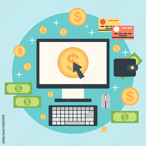 Pay per click, online banking, money transfer, online commerce vector concept