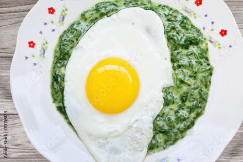 Fried egg with spinach dip closeup