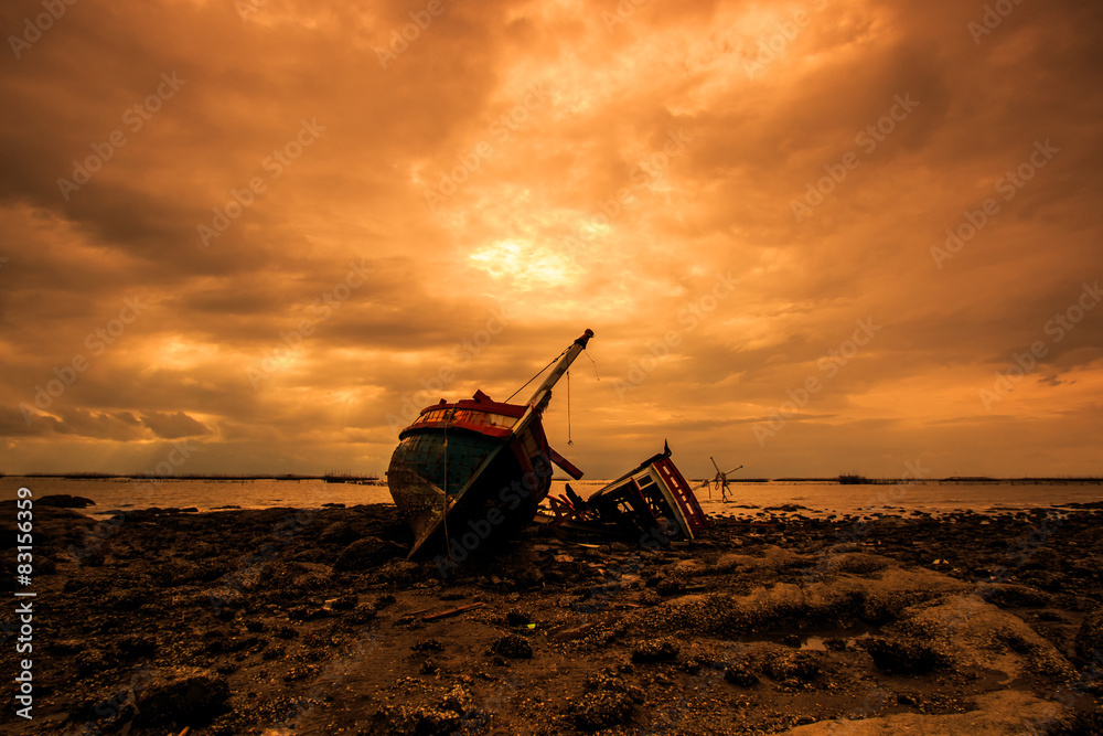 Shipwreck - Fishing boat with sunset sky