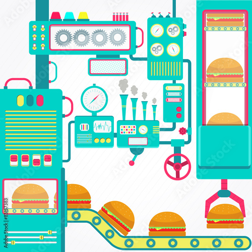 Colorful factory of hamburger with cute machines